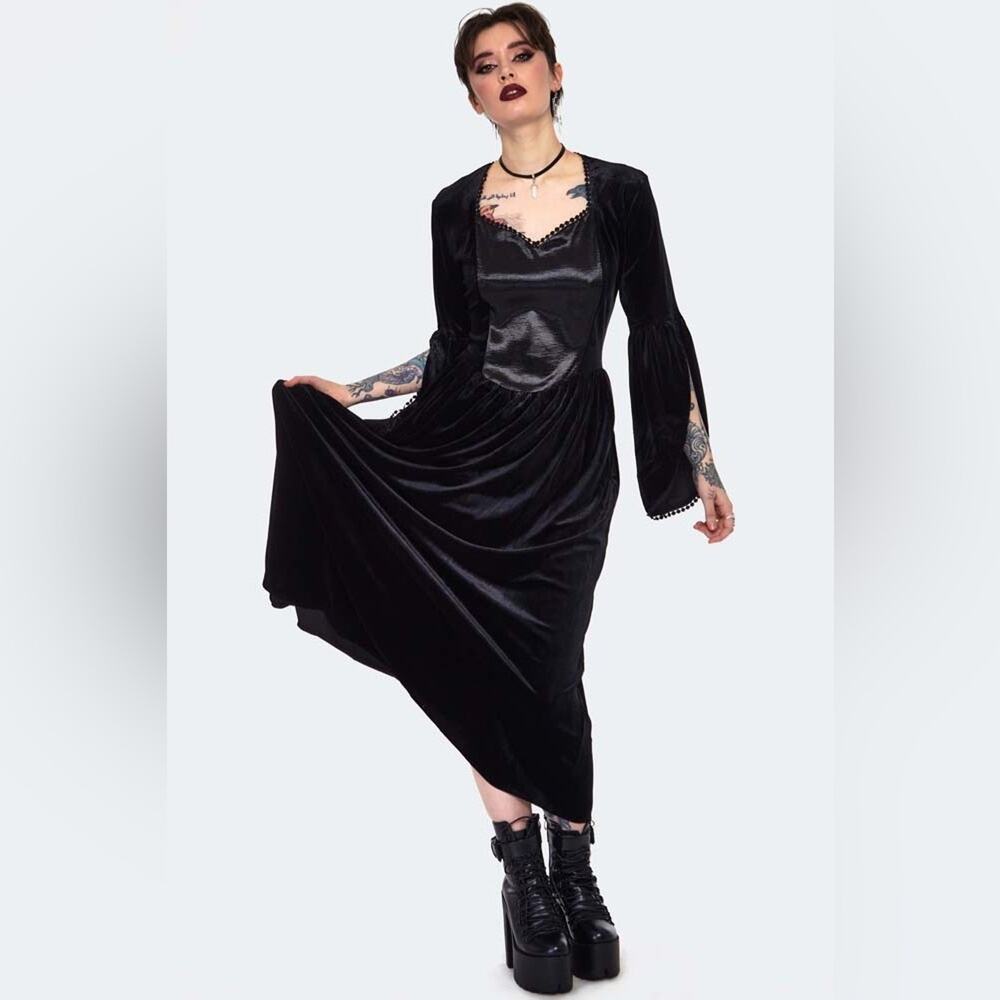 Jawbreaker Where Are My Runes Velvet Bell Sleeve Corset Back Dress Black Size L - Picture 2 of 16